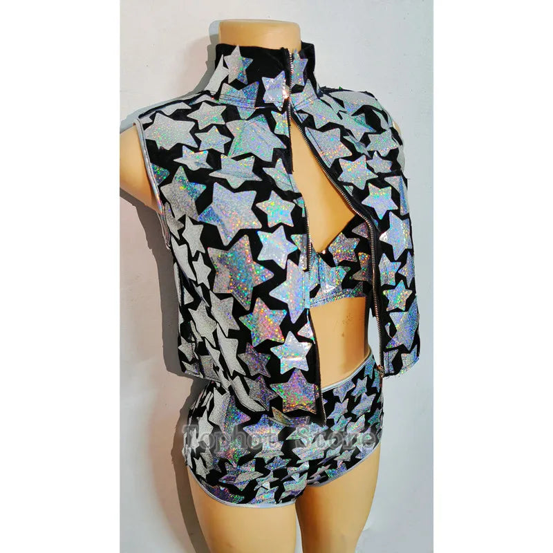 Silver Laser Star Sequin Three-Piece Festival Set