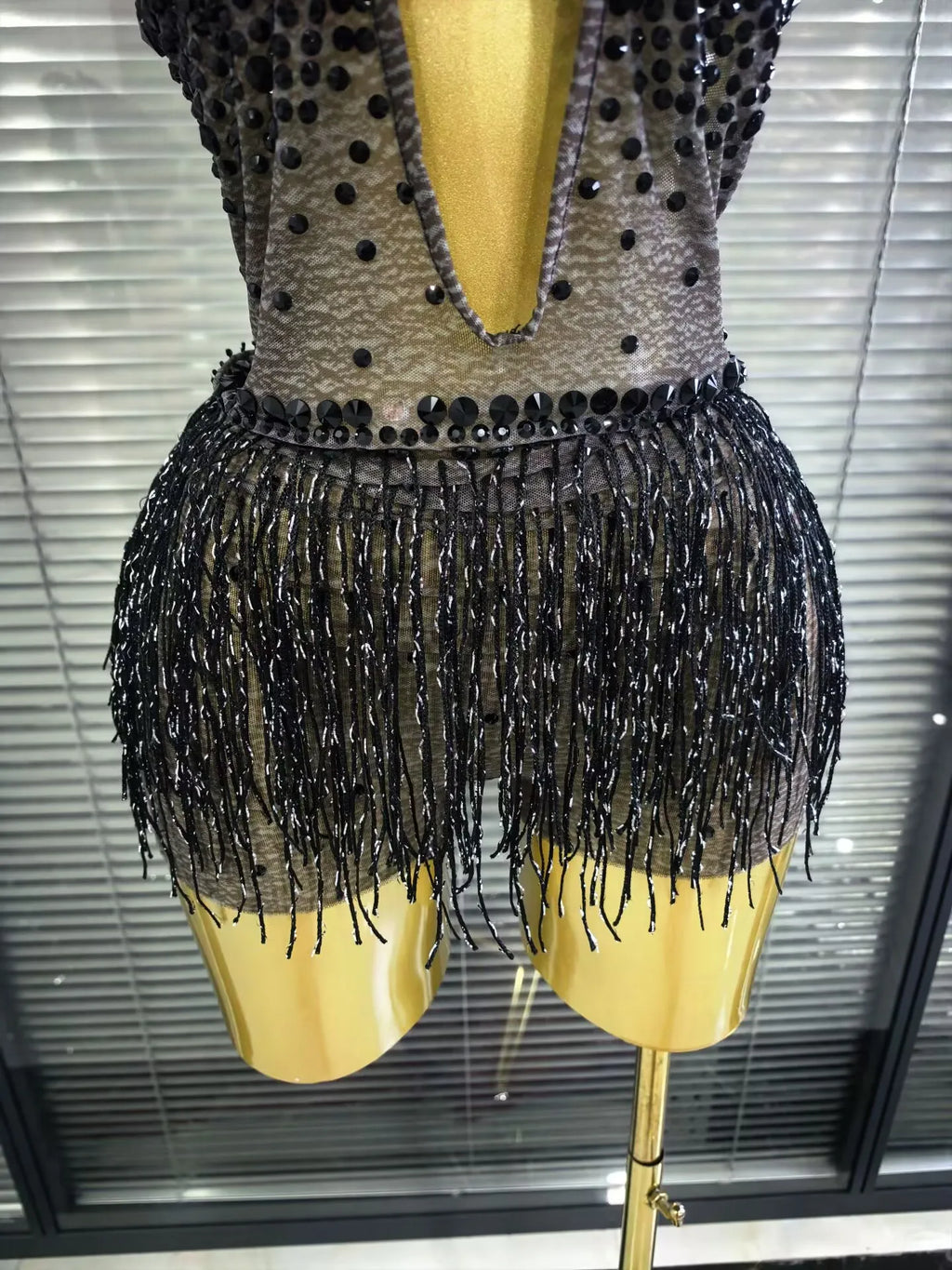 Black Sequin Fringe Mesh Bodysuit | Dance Costume