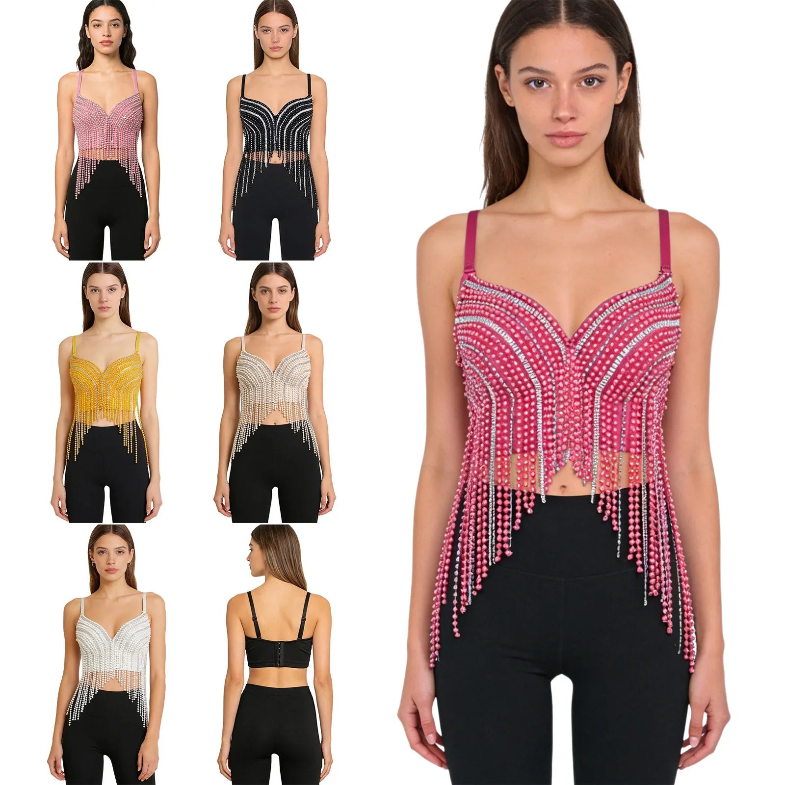Rhinestone & Bead Tassel Push-Up Underwire Bustier Crop Top