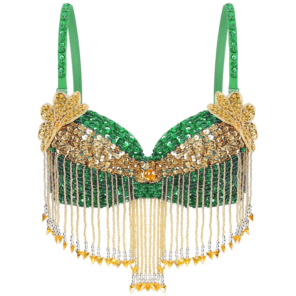 Sparkly Floral Beaded Sequin Belly Dance Bra & Tassel Performance Top