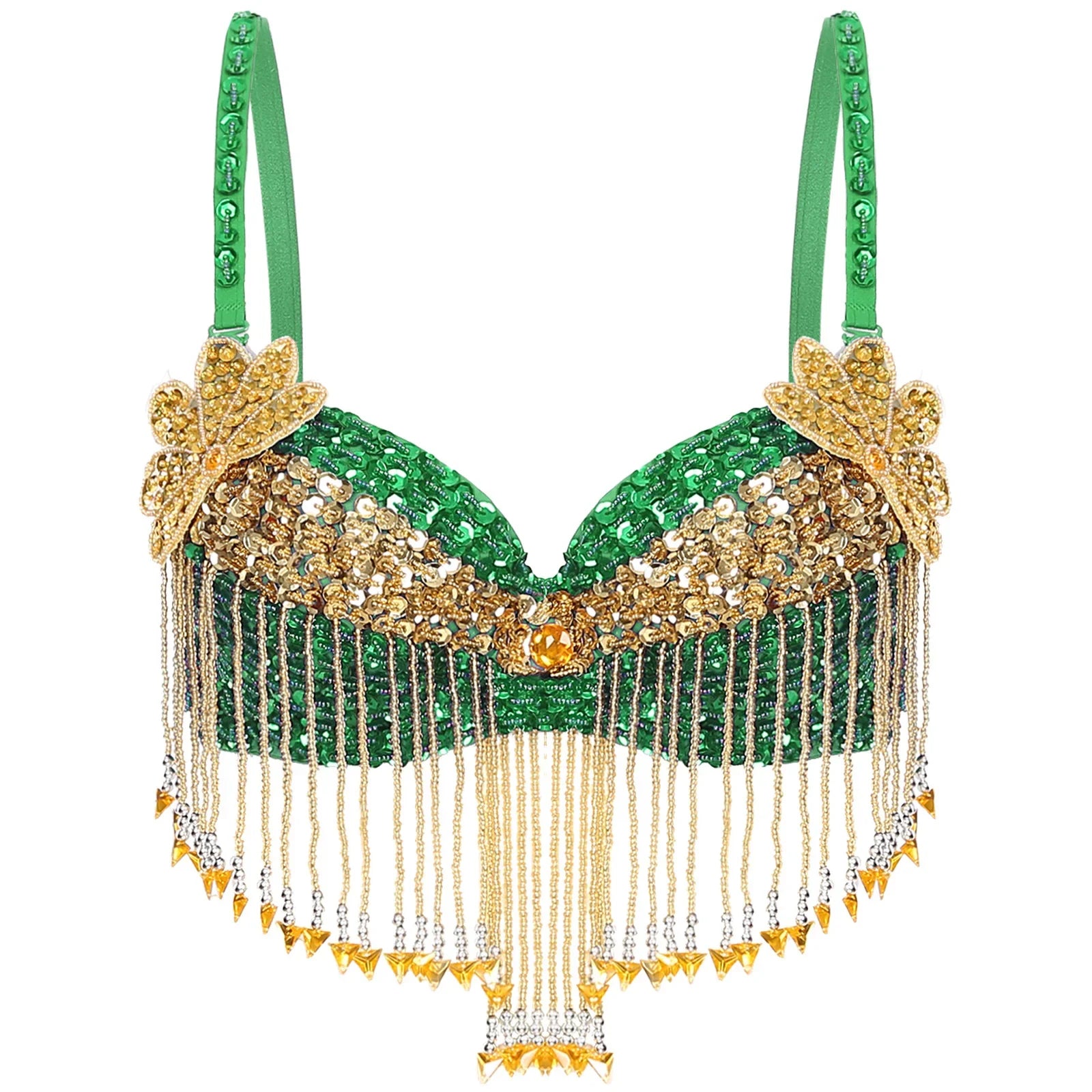 Sparkly Floral Beaded Sequin Belly Dance Bra & Tassel Performance Top
