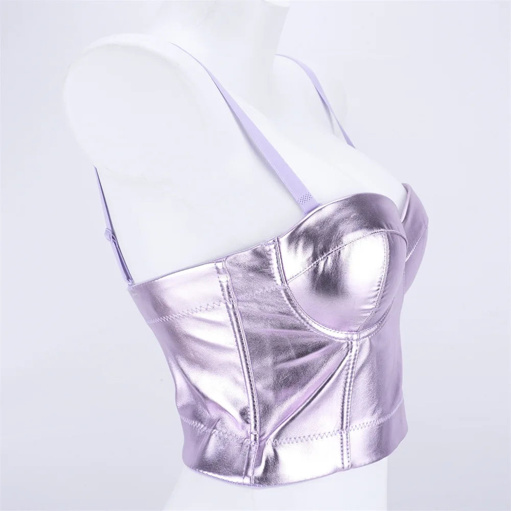 Purple Metallic PU Leather Bustier Corset Crop Top High Street Bralette