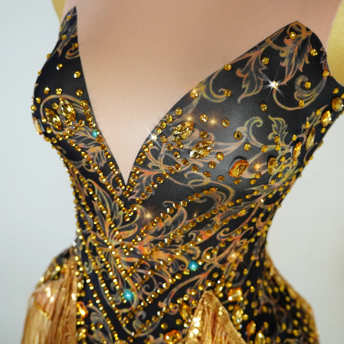 Gold Rhinestone Fringe Bodysuit | Latin Dance Costume