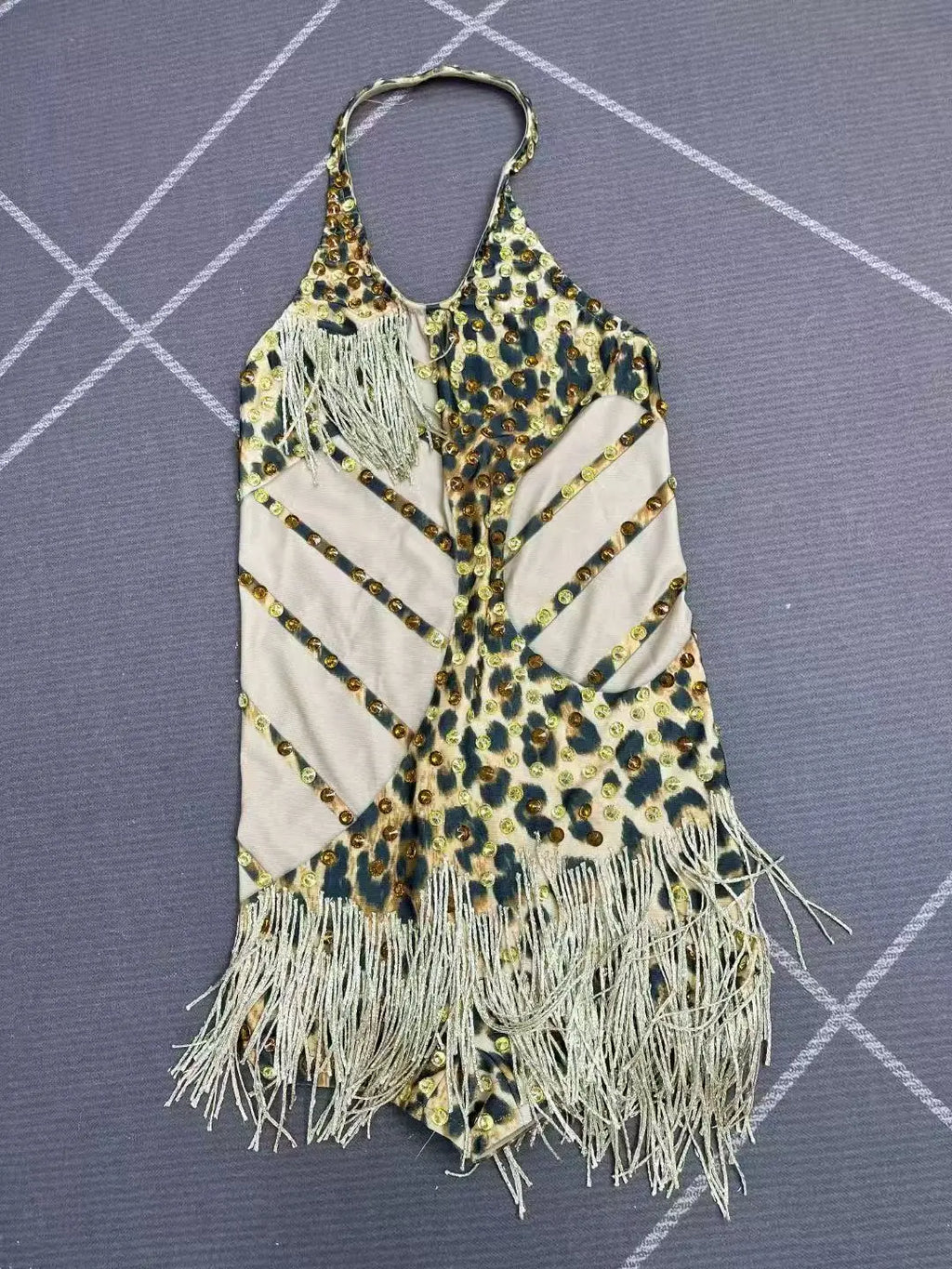 Leopard Crystal Fringe Festival Bodysuit
