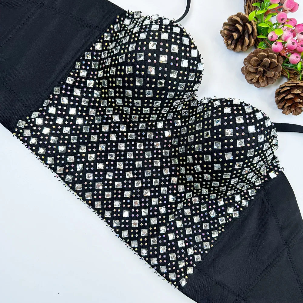 Studded Mesh Corset Bustier Crop Top