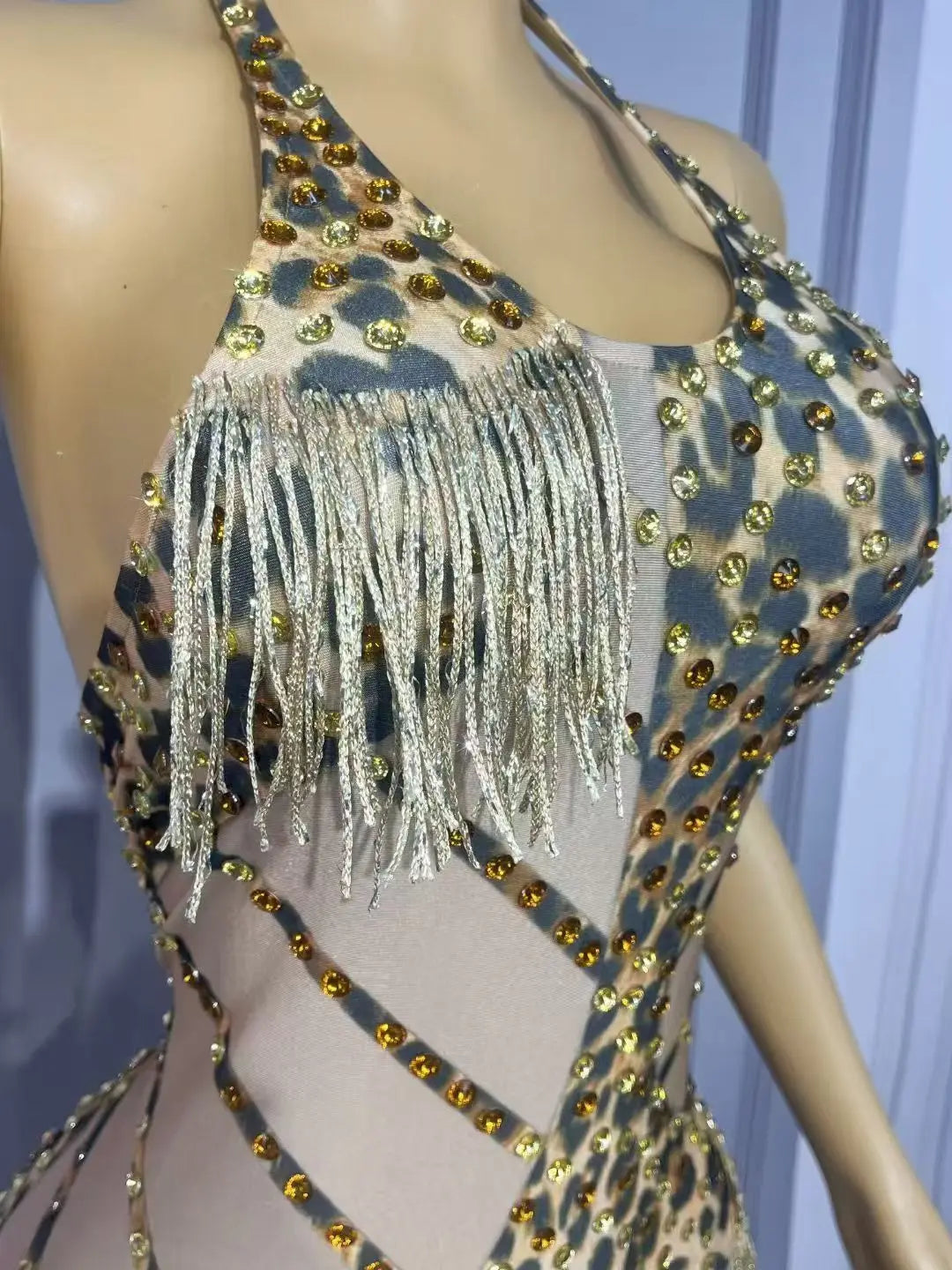 Leopard Crystal Fringe Festival Bodysuit