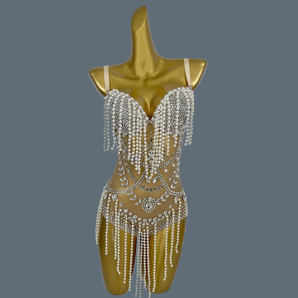 Nude Rhinestone Pearl Tassel Festival Bodysuit
