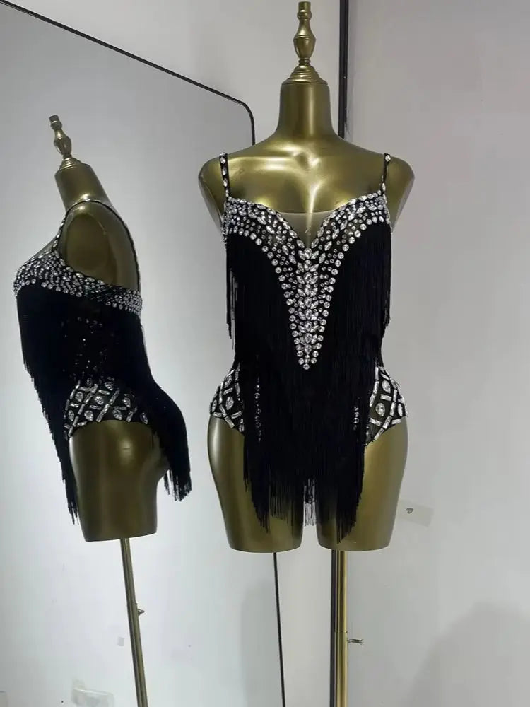 Black Rhinestone Fringe Mesh Leotard | Dancewear