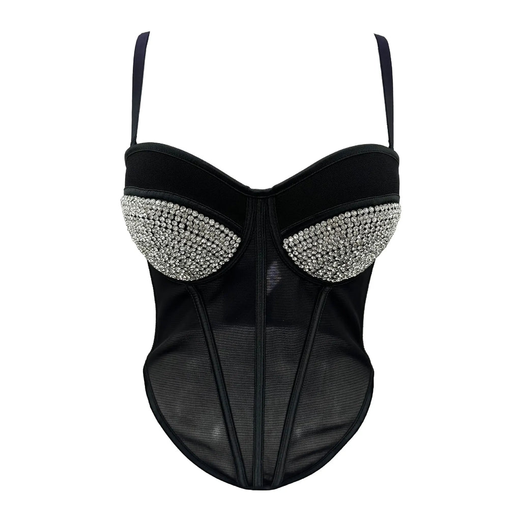 Rhinestone Mesh Denim Bustier Corset Crop Top Push-Up Party Bralette
