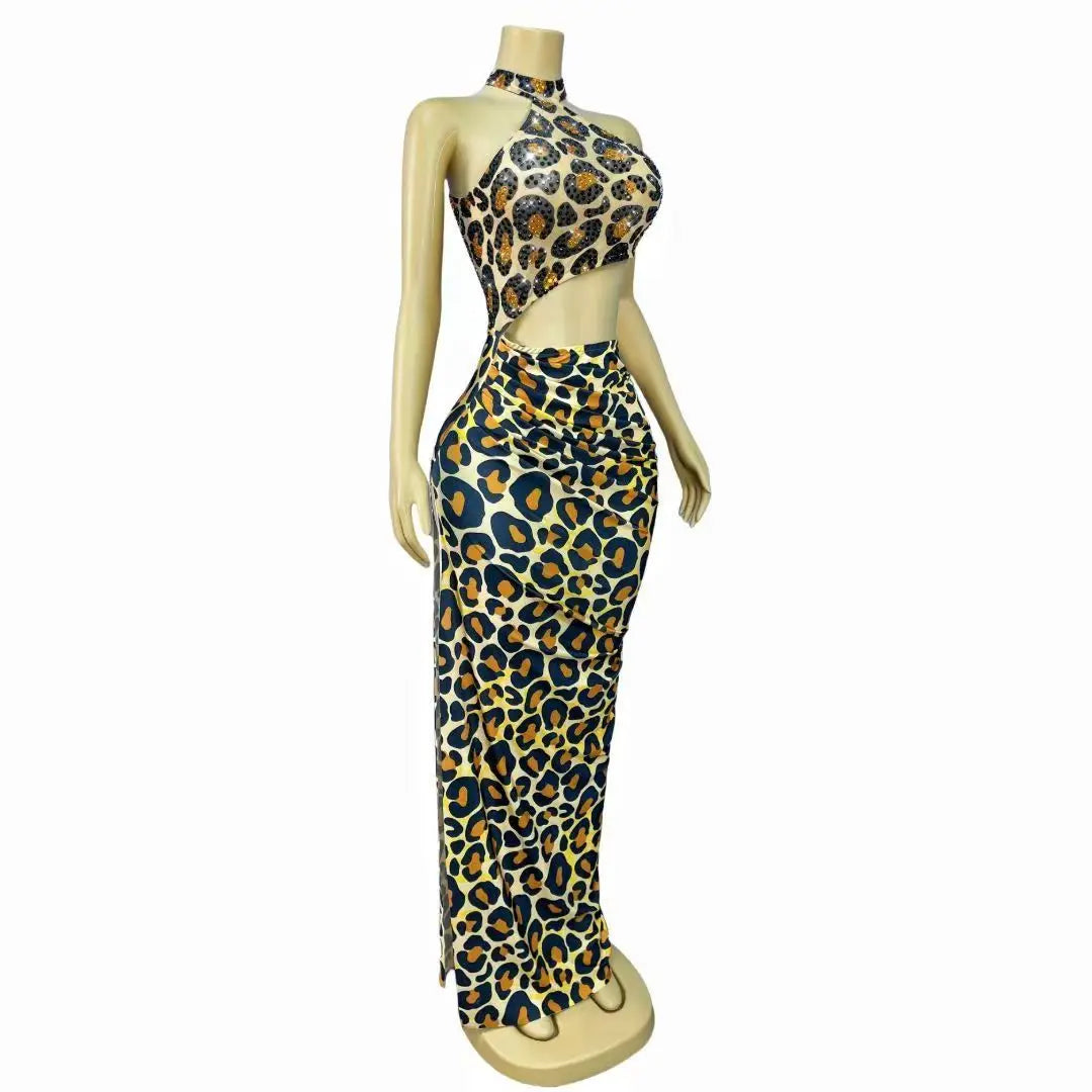 Leopard Rhinestone High-Slit Dress