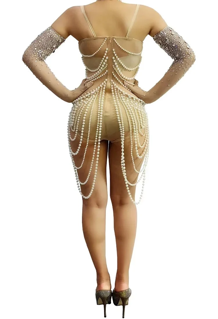 Pearl Body Chain Mesh Catsuit | Long-Sleeve Stagewear