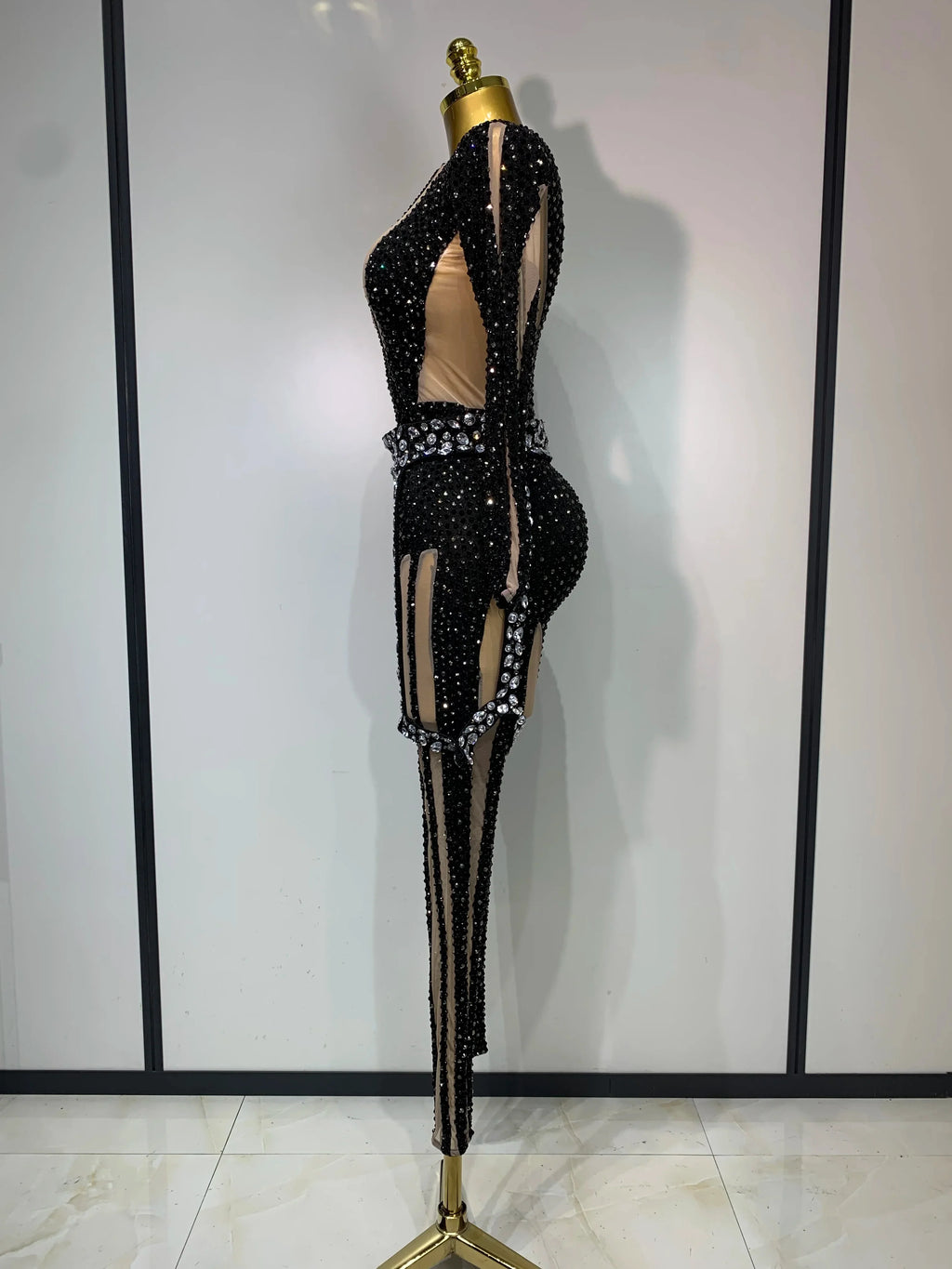 Black Rhinestone Mesh Festival Jumpsuit