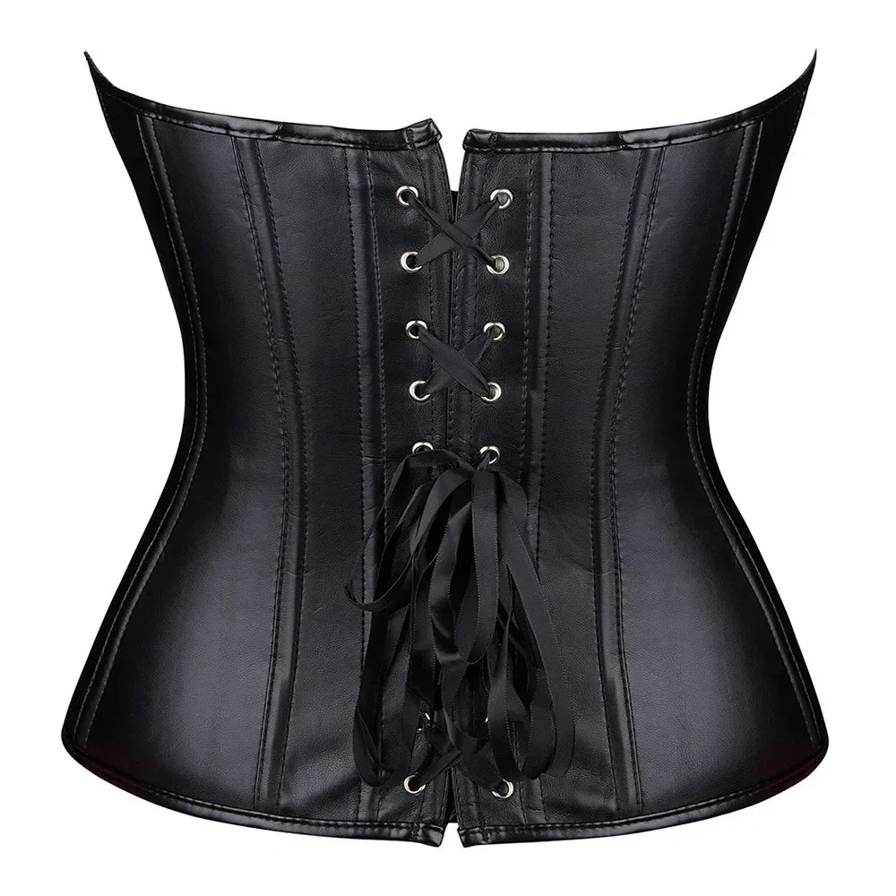 Vintage Overbust Faux Leather Corset Front Zip Lace-Up Steampunk Bustier