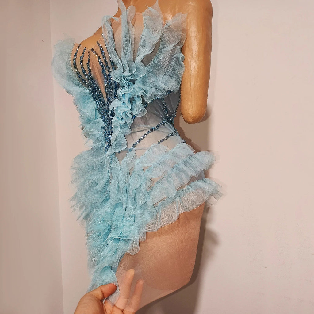 Blue Rhinestone Geometric Mini Dress | Sheer Party Dress