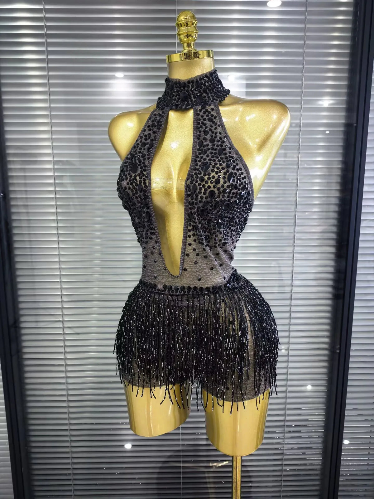 Black Sequin Fringe Mesh Bodysuit | Dance Costume