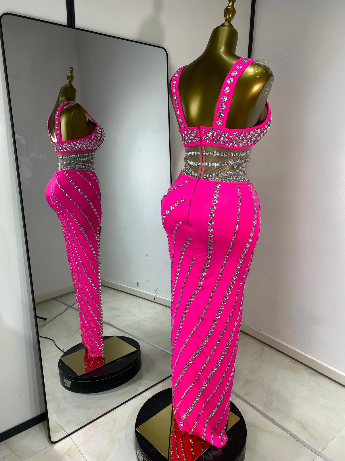 Hot Pink Rhinestone Cutout Maxi Gown