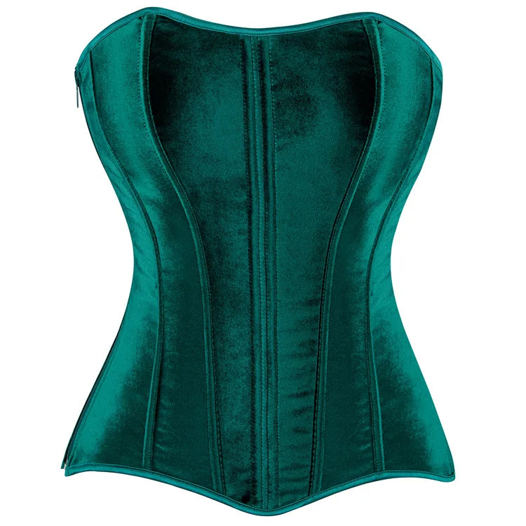 Green Velvet Overbust Corset Top Side Zipper Lace-Up Boned Bustier Top
