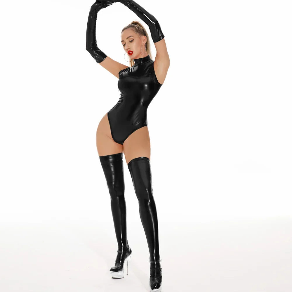 Glossy Faux-Leather Bodysuit, Gloves & Stockings Set