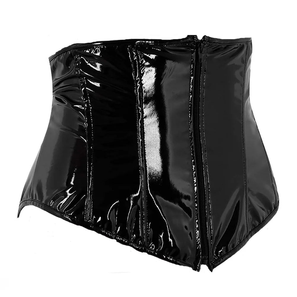 Shiny PU Leather Steampunk Underbust Corset Zipper Front Waist Cincher