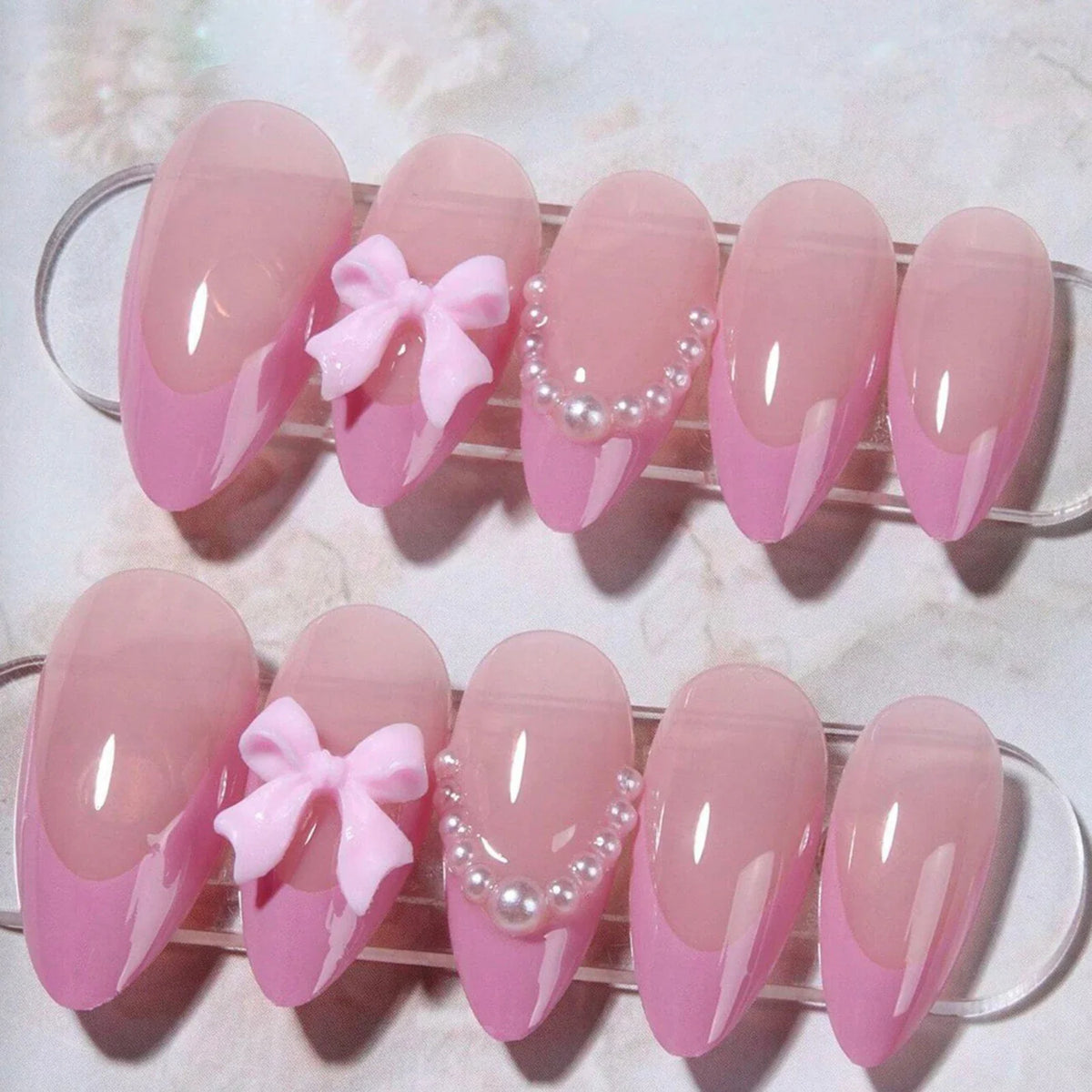 Pink Bow & Pearl Press-On Nails | Almond Style