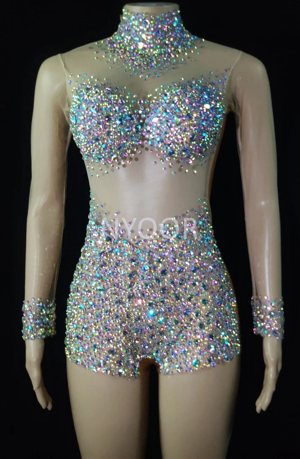 AB Crystal Rhinestone Illusion Dance Romper