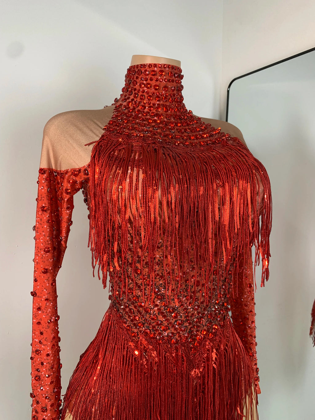 Red Rhinestone Fringe Bodysuit | Dance Performance Outfit