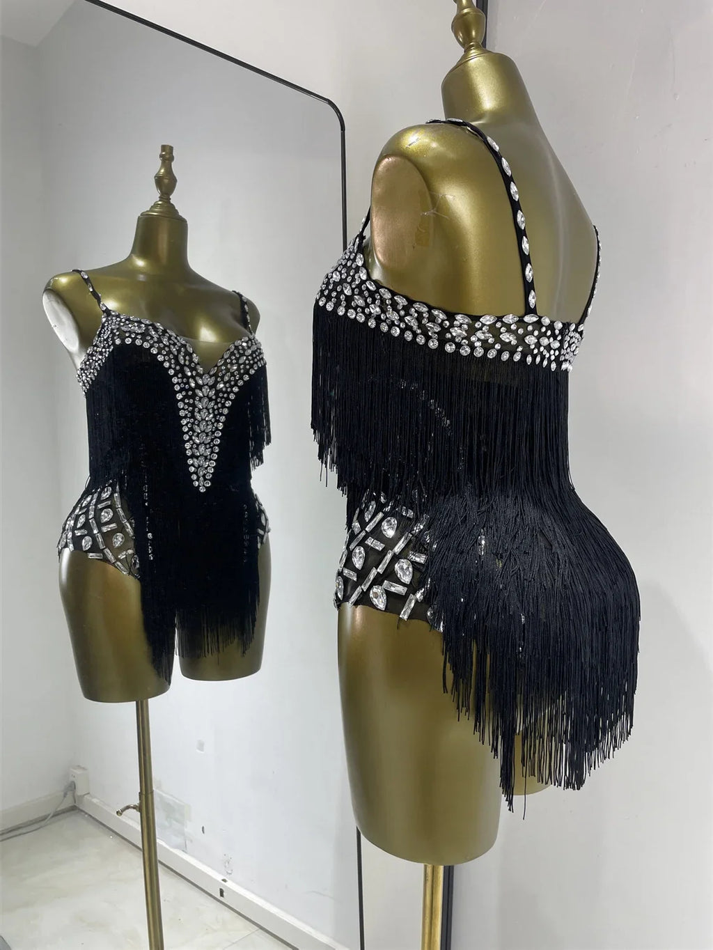 Black Rhinestone Fringe Mesh Leotard | Dancewear