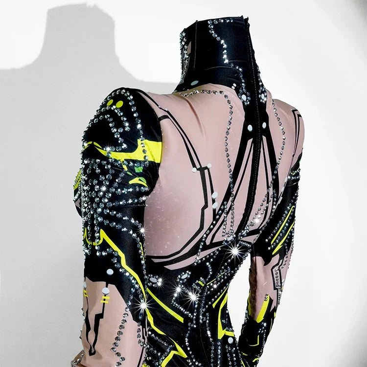 Futuristic Cyber Rhinestone Festival Bodysuit