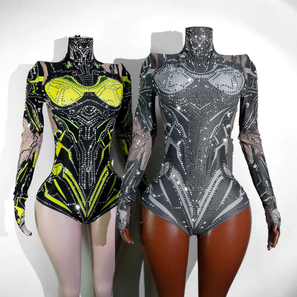 Futuristic Cyber Rhinestone Festival Bodysuit