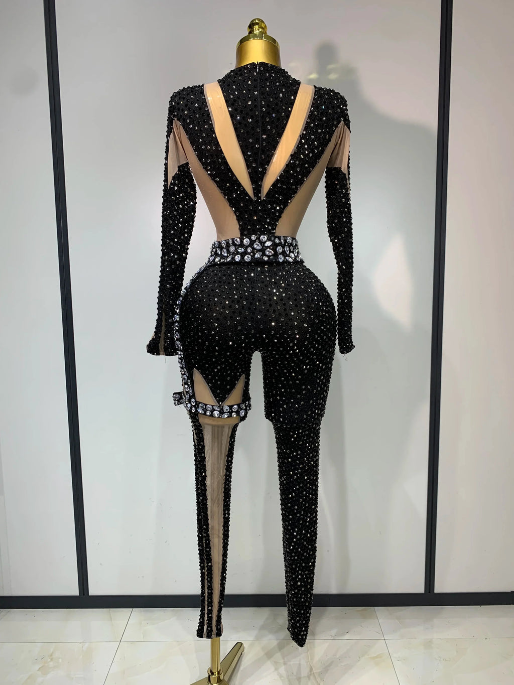 Black Rhinestone Mesh Festival Jumpsuit