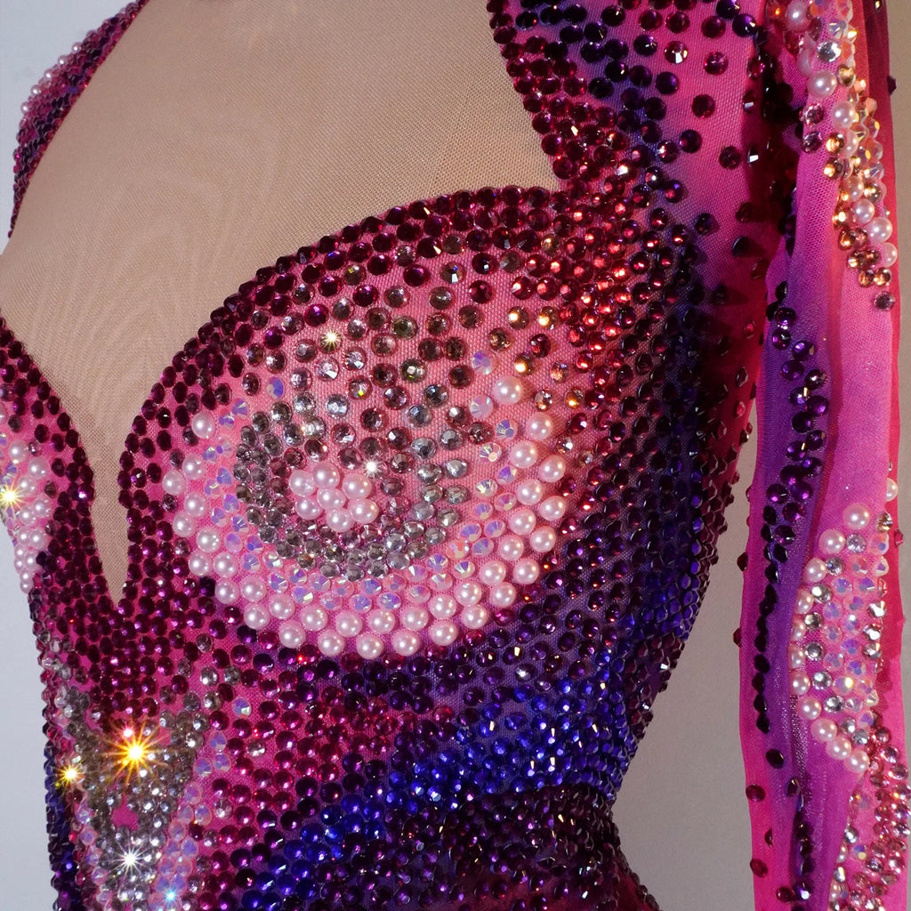 Pink Rhinestone Long-Sleeve Mesh Bodysuit | Stagewear