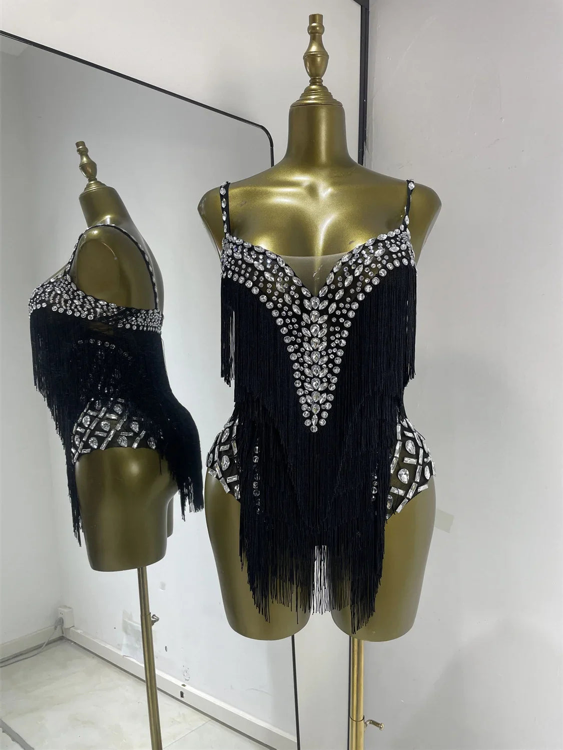 Black Rhinestone Fringe Mesh Leotard | Dancewear