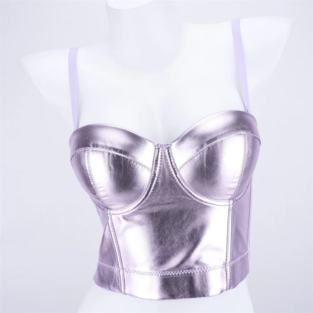 Purple Metallic PU Leather Bustier Corset Crop Top High Street Bralette