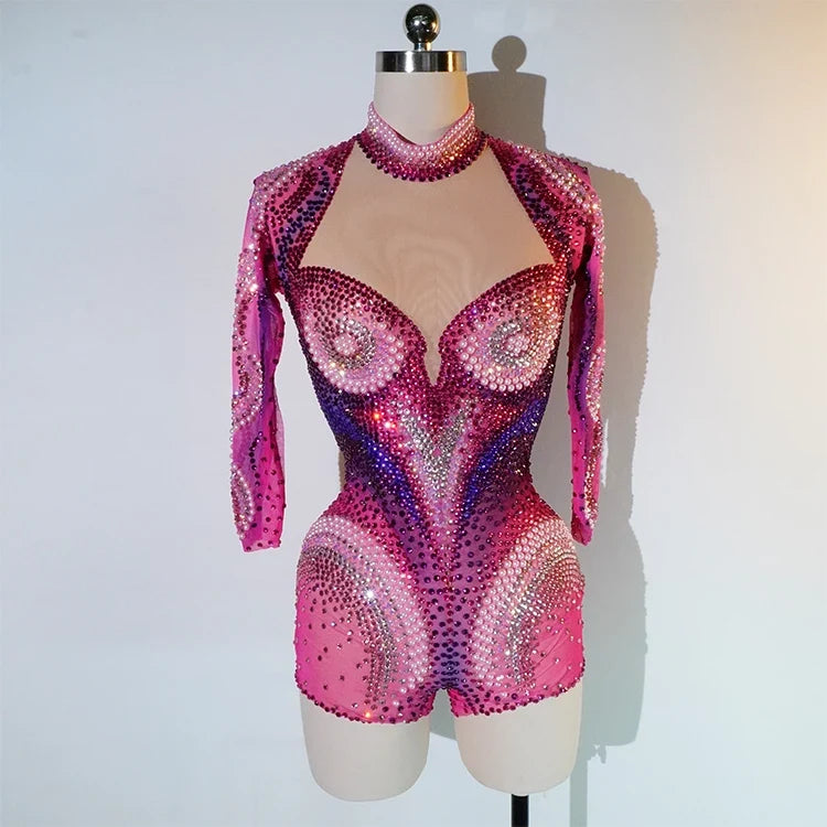 Pink Rhinestone Long-Sleeve Mesh Bodysuit | Stagewear