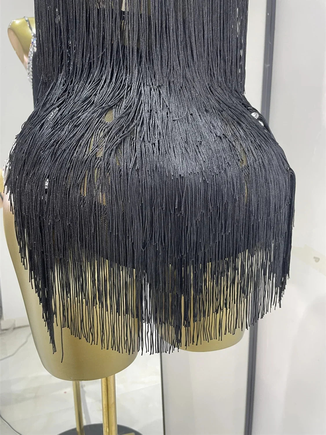 Black Rhinestone Fringe Mesh Leotard | Dancewear