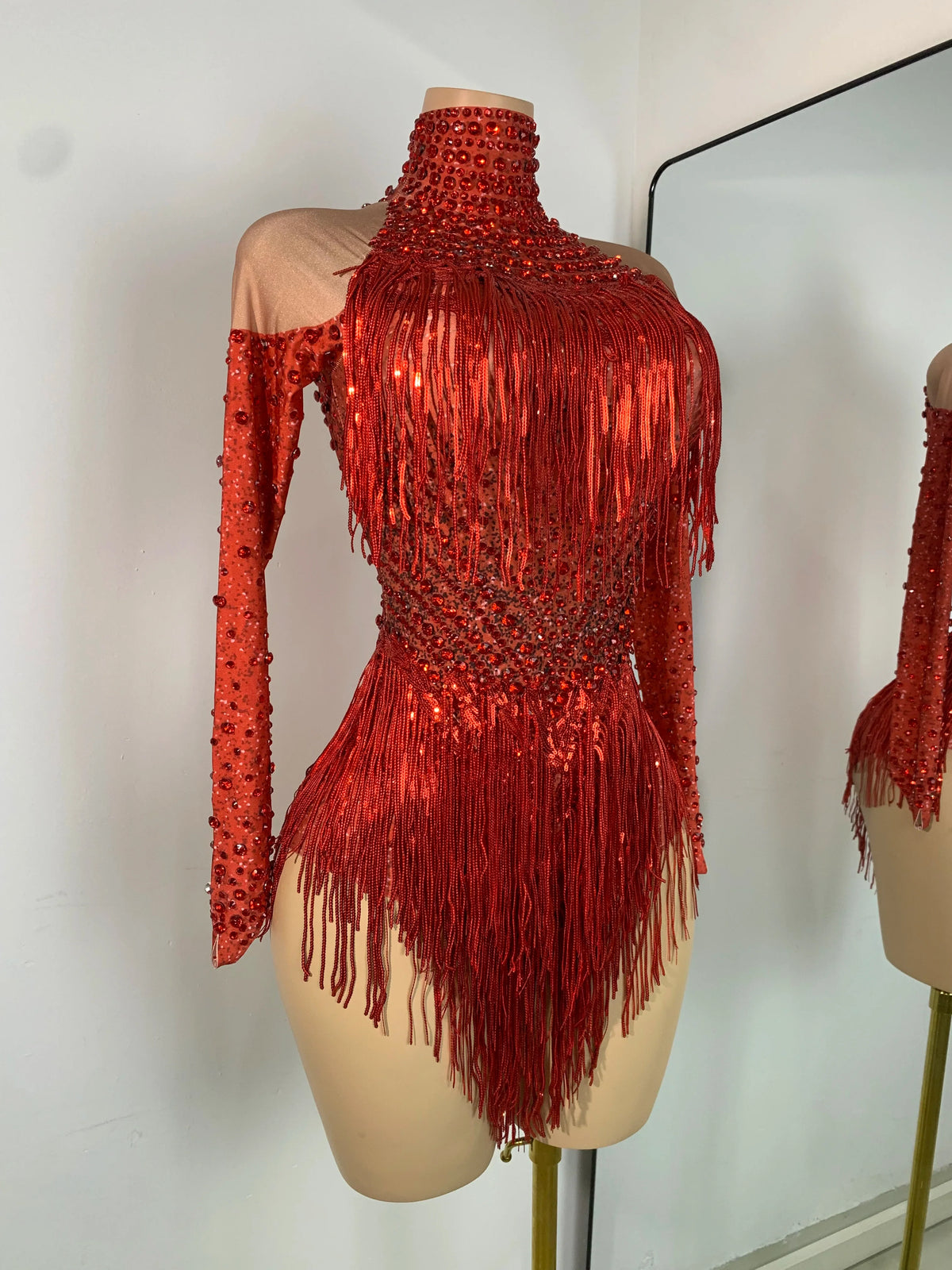 Red Rhinestone Fringe Bodysuit | Dance Performance Outfit
