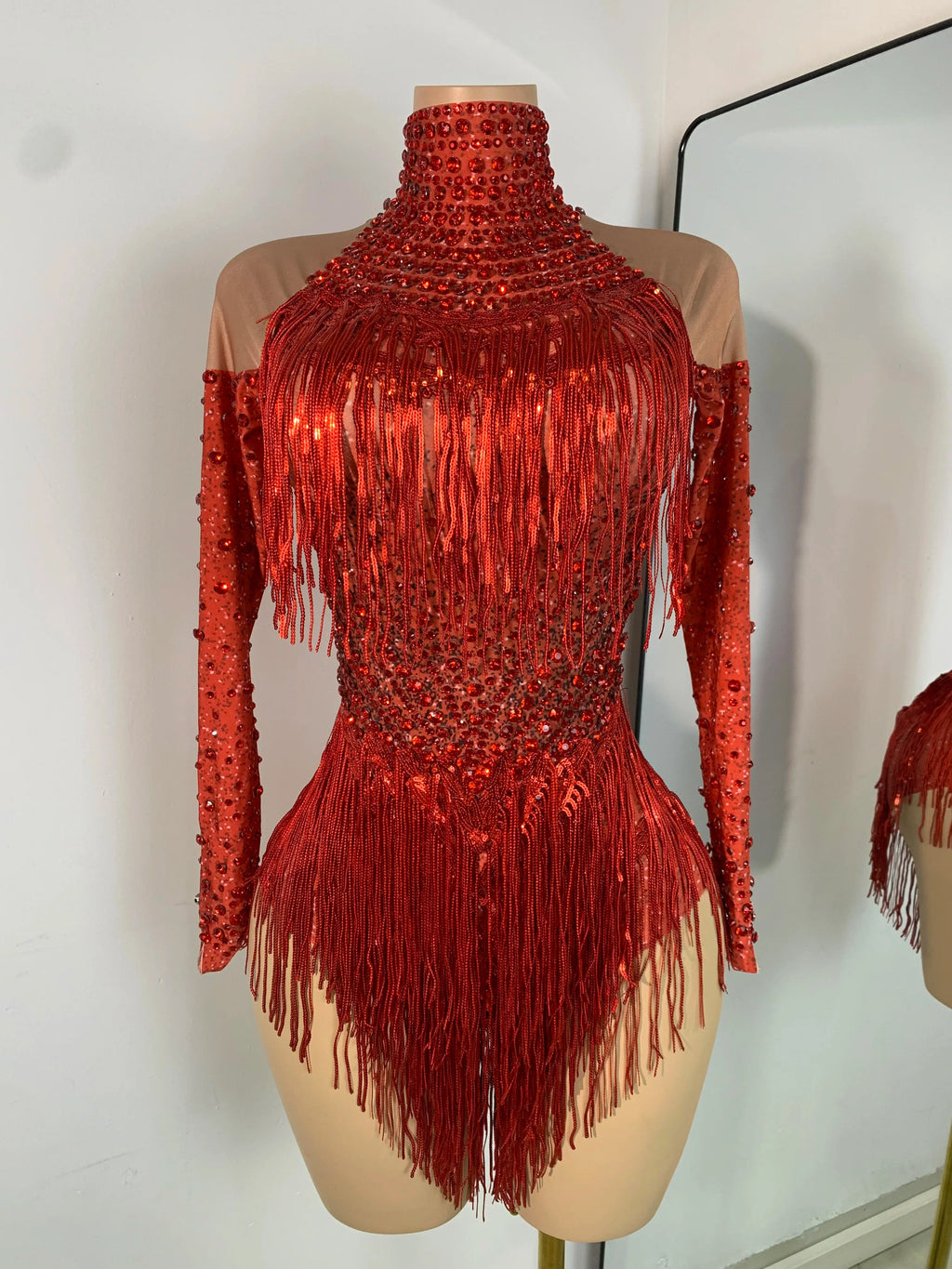 Red Rhinestone Fringe Bodysuit | Dance Performance Outfit