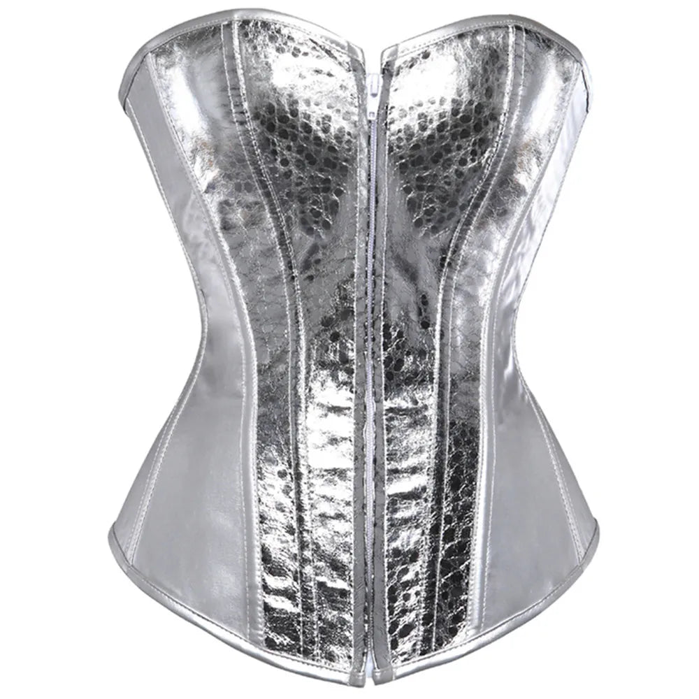 Gothic Metallic Faux Leather Overbust Corset Shiny Steel-Look Bustier
