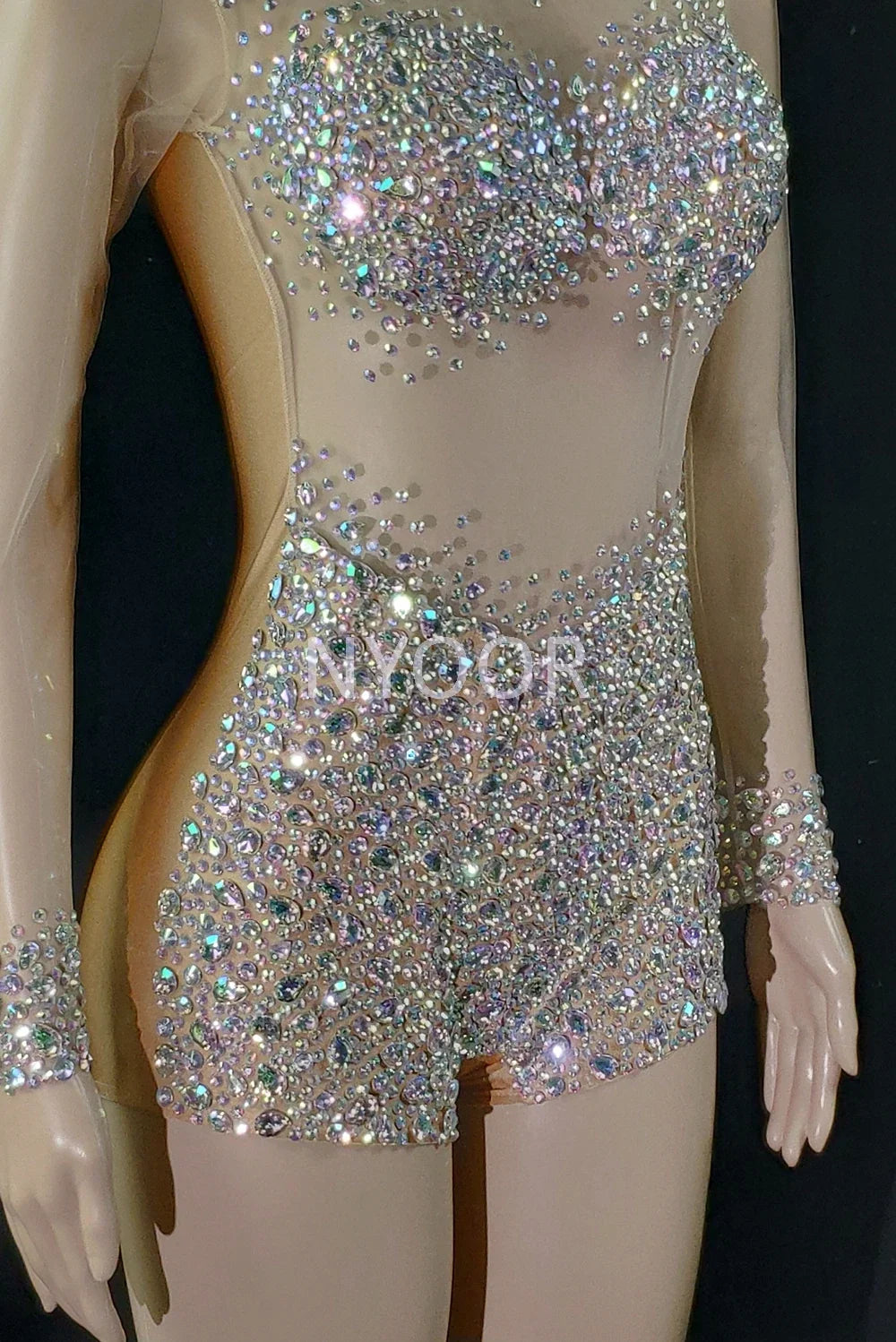 AB Crystal Rhinestone Illusion Dance Romper