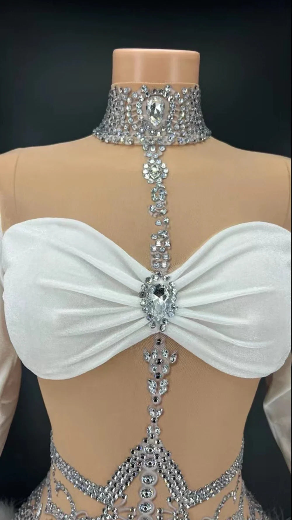 White Rhinestone Feather Bodysuit