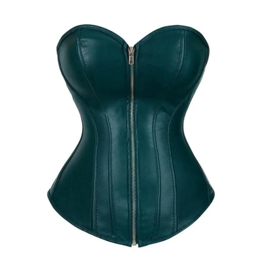 Vintage Overbust Faux Leather Corset Front Zip Lace-Up Steampunk Bustier