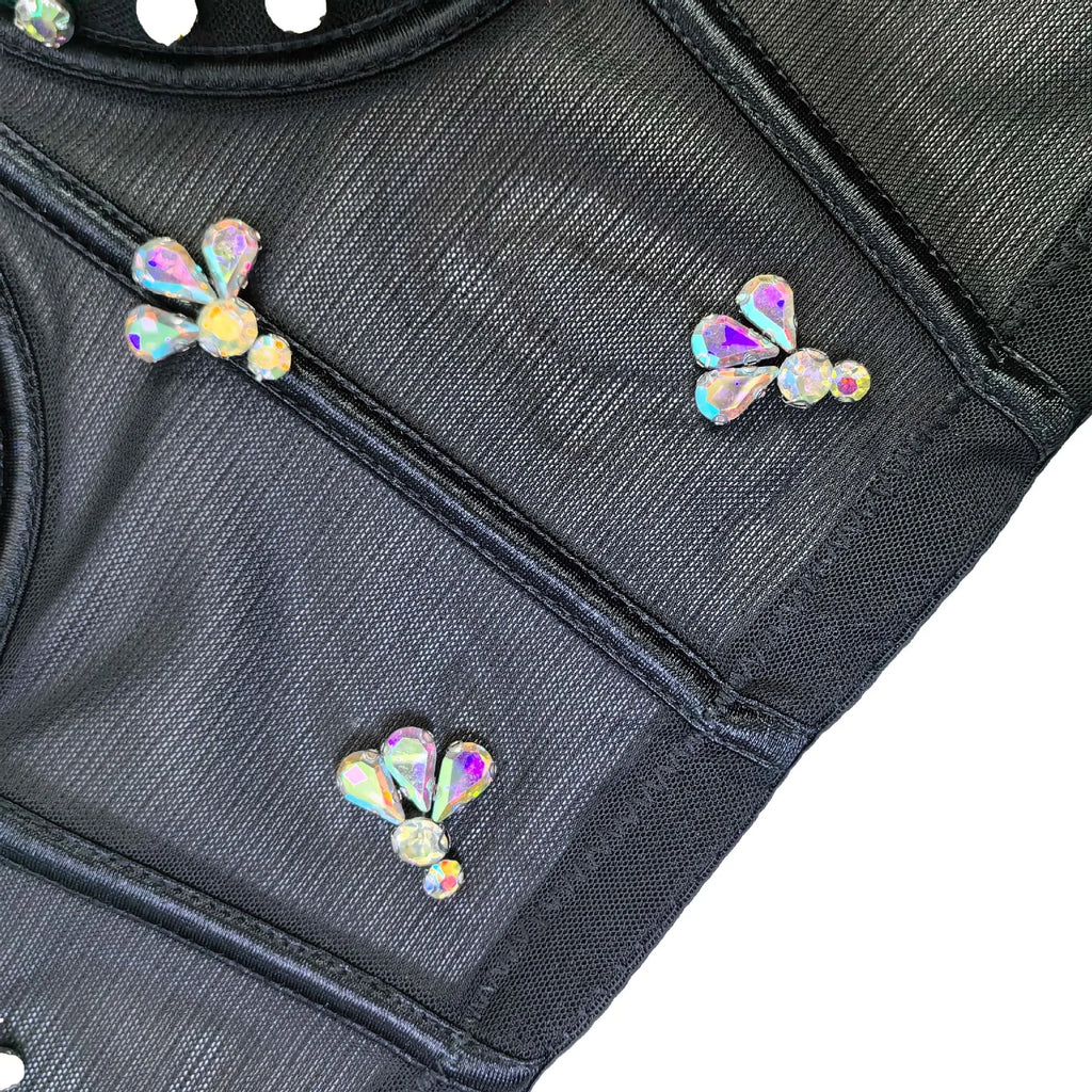 Black Mesh Bustier Corset Crop Top Crystal Embroidered Nightclub Bralette