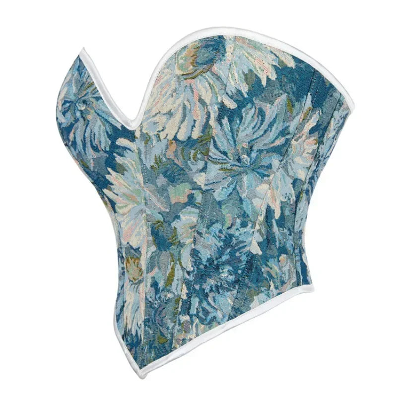 Vintage Blue Floral Overbust Corset Crop Top Lace-Up Boned Bustier