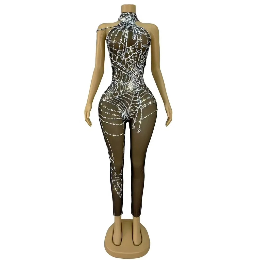 Black Rhinestone Mesh Performance Jumpsuit | Stagewear