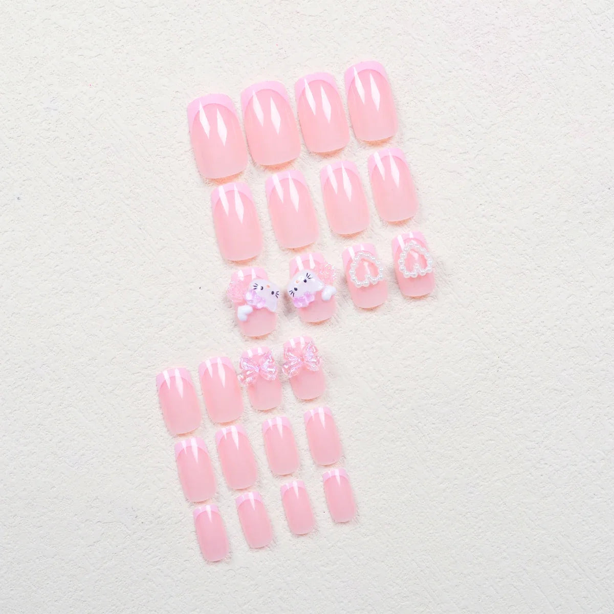 Pink French Bow & Cat Press-On Nails | Square, 24 Pieces