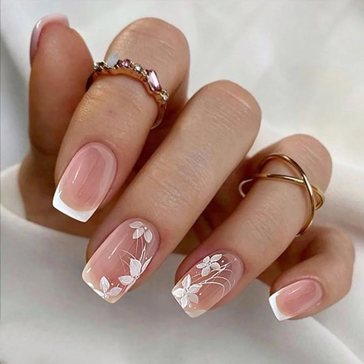 24Pcs Simple Square Head Fake Nail with Jelly Glue Pink White Gradient French Press on False Nails Short Full Cover Nail Tips