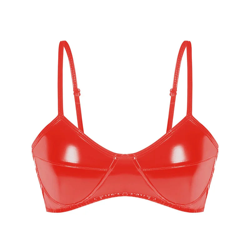 Shiny Faux Leather Halter Bustier Crop Top