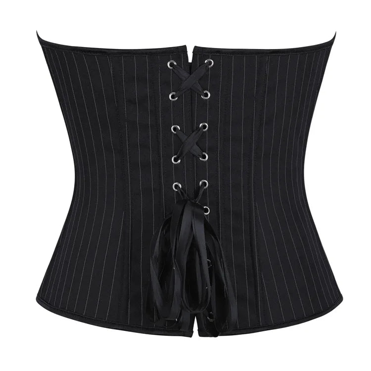 Black Striped Overbust Corset Top Zipper Front Lace-Up Bustier Body Shaper