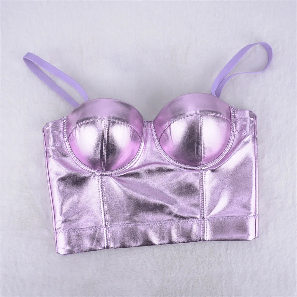 Purple Metallic PU Leather Bustier Corset Crop Top High Street Bralette