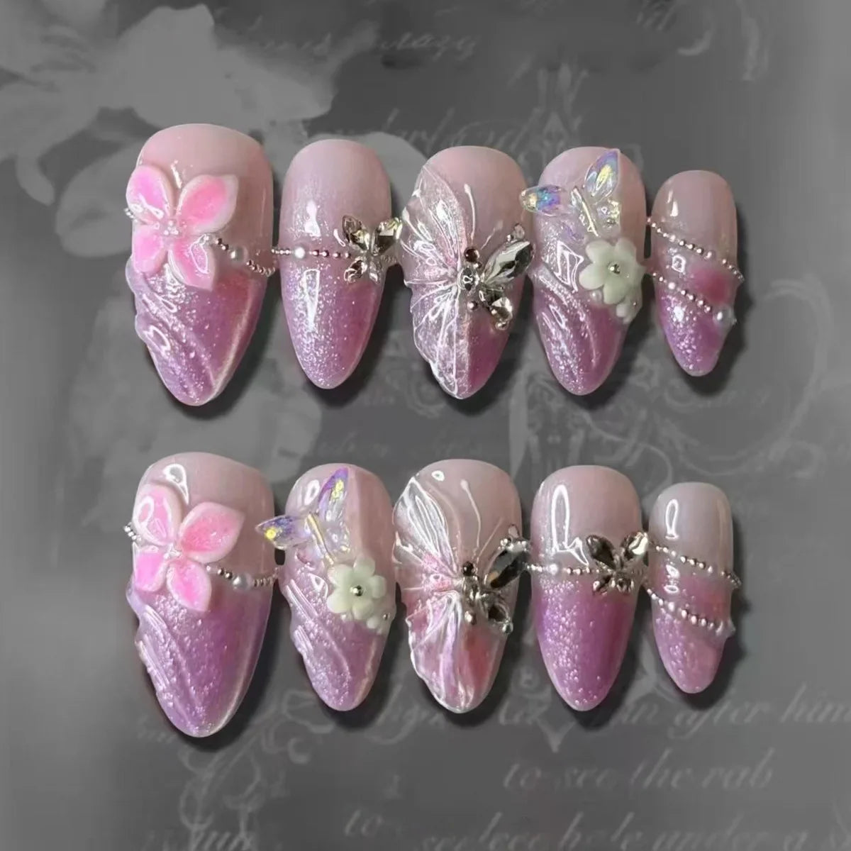 24Pcs 3D Strawberry Rabbit Flower Fake Nails Press on Mid-length Almond Wearable False Nails Green Gradient Pearl Manicure Tips